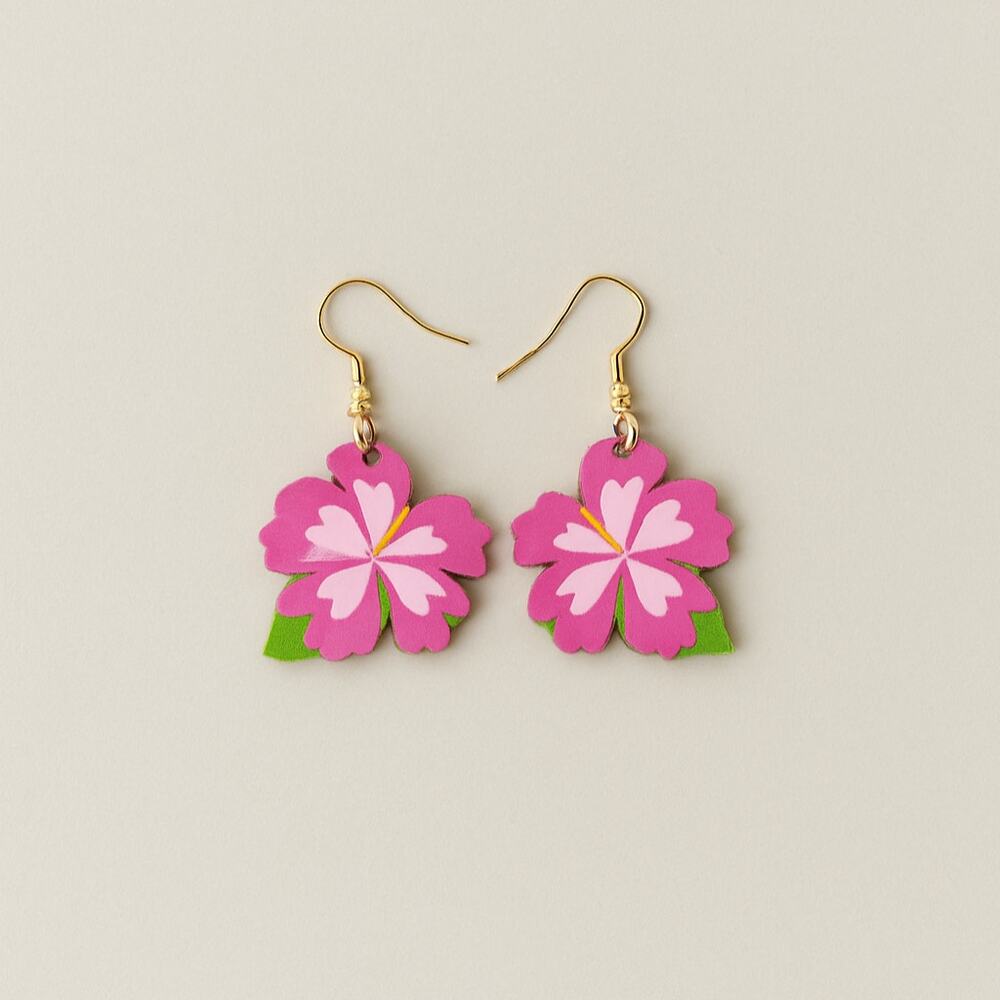 A443-A • Pink Hibiscus Flower Drop Earrings